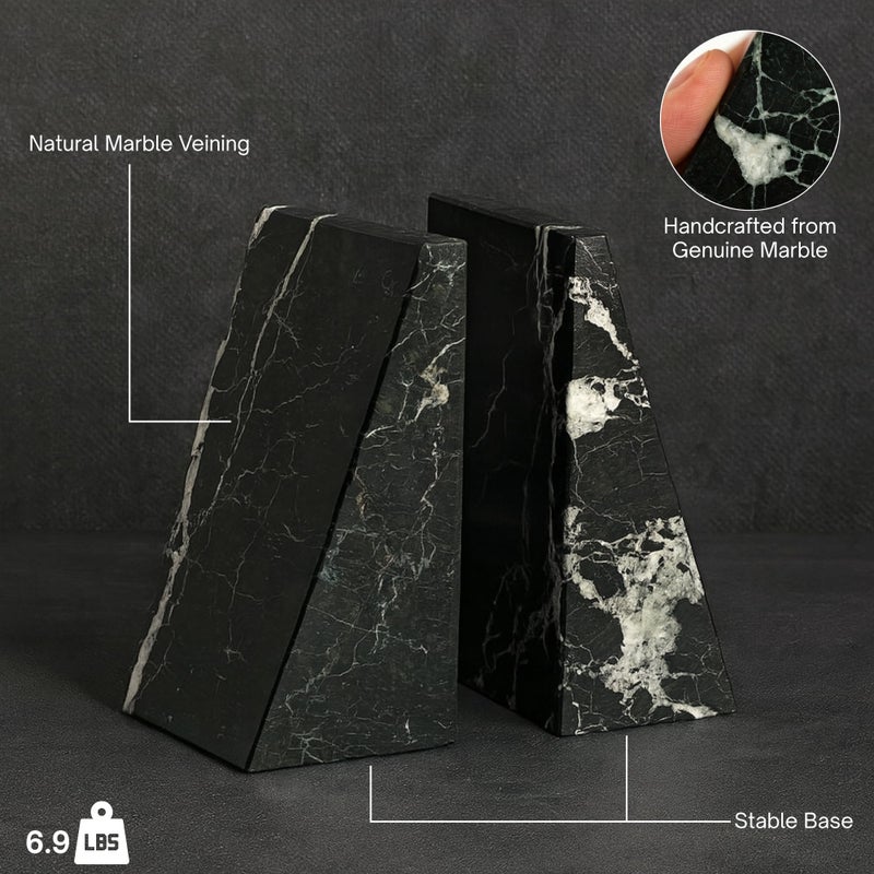 Bey-Berk Whitney Zebra Marble Bookends (Black, Set of 2), 4" x 2.5" x 6" Heavy Wedge Book Ends for Desk, Shelf, or Office - Image 5